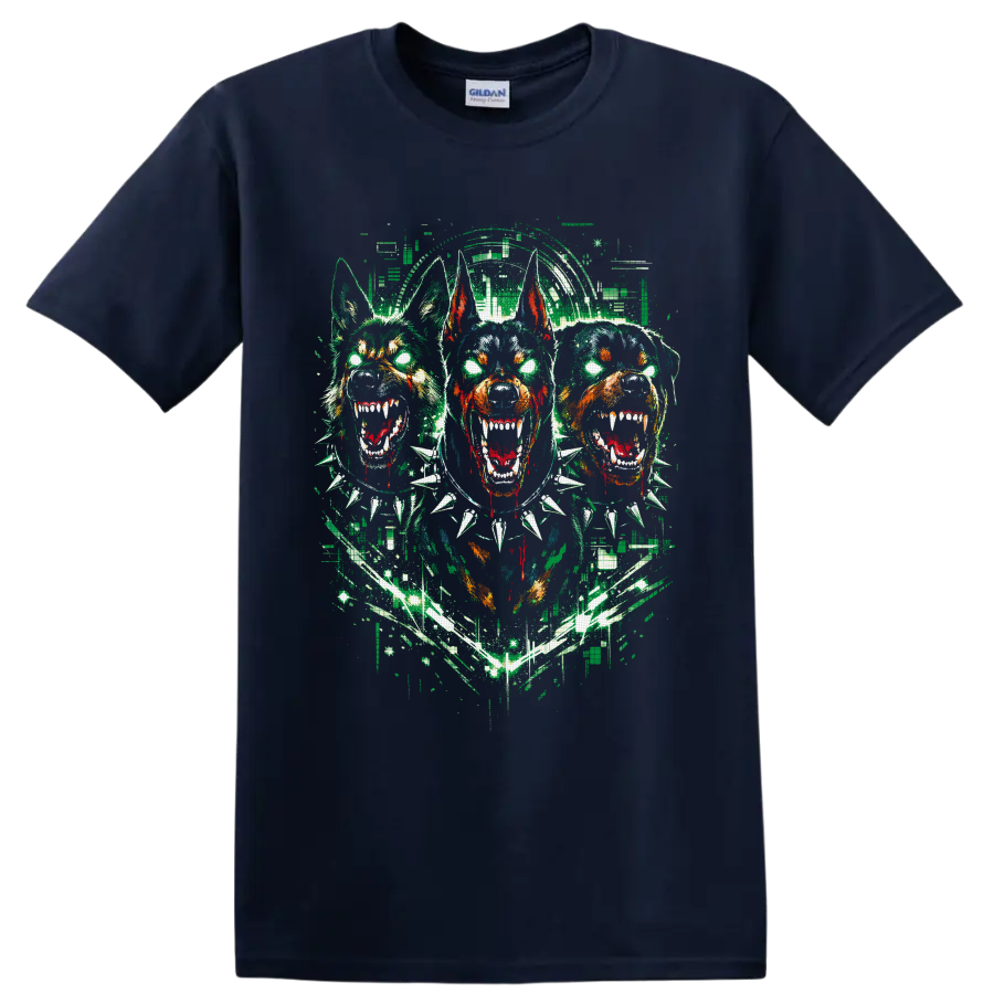 Three snarling Doberman-style dogs in distressed gothic horror street art on a Navy (Blue) T Shirt