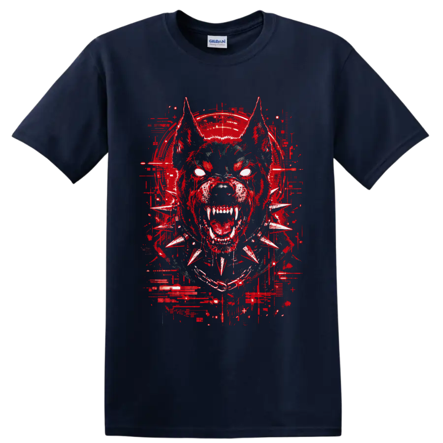 Snarling cyberpunk bulldog with white eyes, fangs, spiked collar, and red glitch art on a Navy (Blue) T Shirt