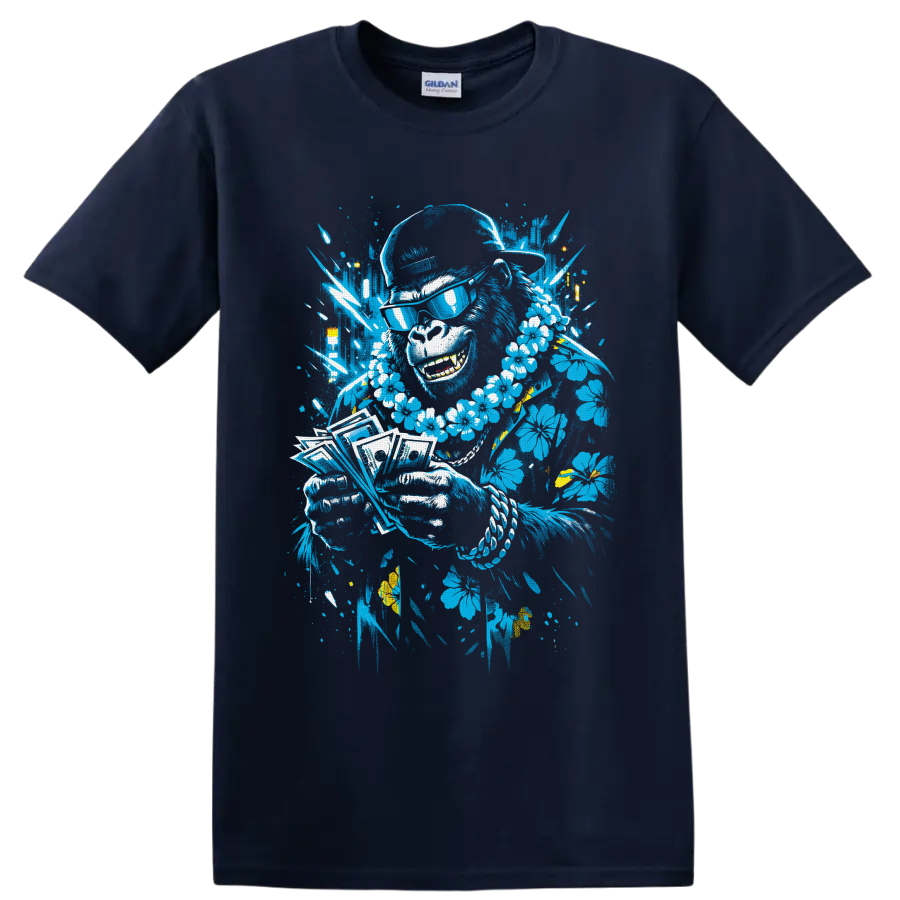 Tropical musician portrait with sunglasses, flower lei, playing cards, and paint splatters on a Navy (Blue) T Shirt