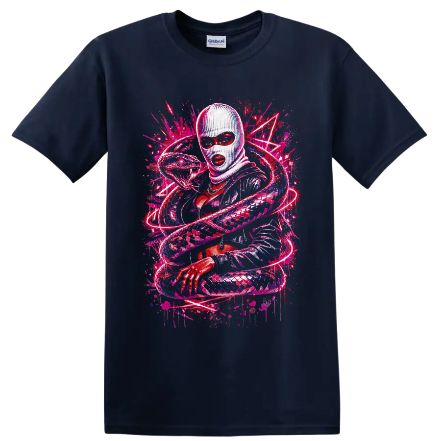 Neon graffiti illustration of a masked woman surrounded by a coiling fanged snake on a Navy (Blue) T Shirt