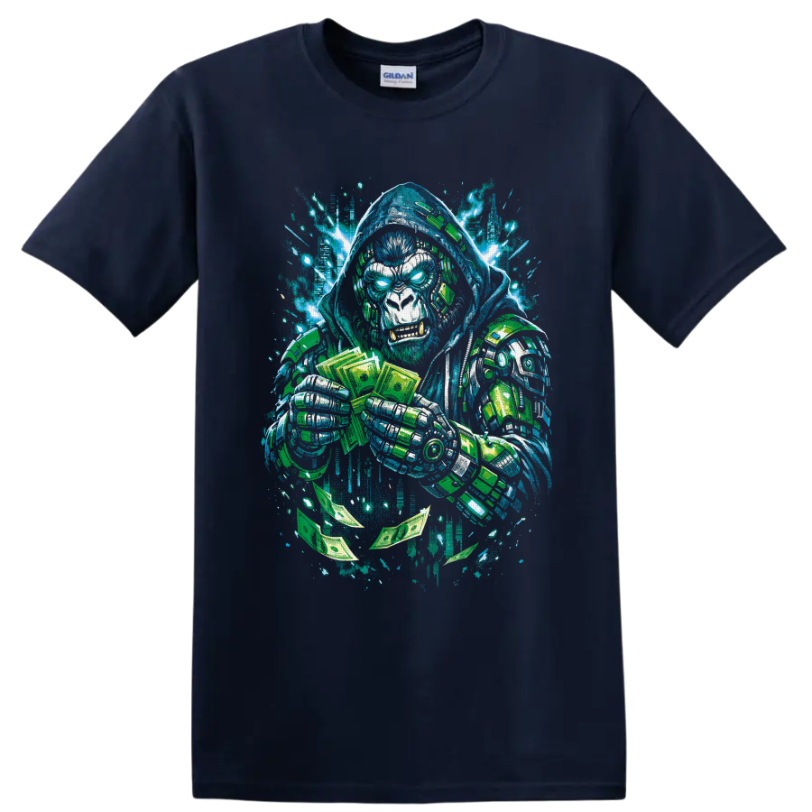 Hooded cyberpunk gorilla with robotic armor, cash, and blaster in graffiti art on a Navy (Blue) T Shirt