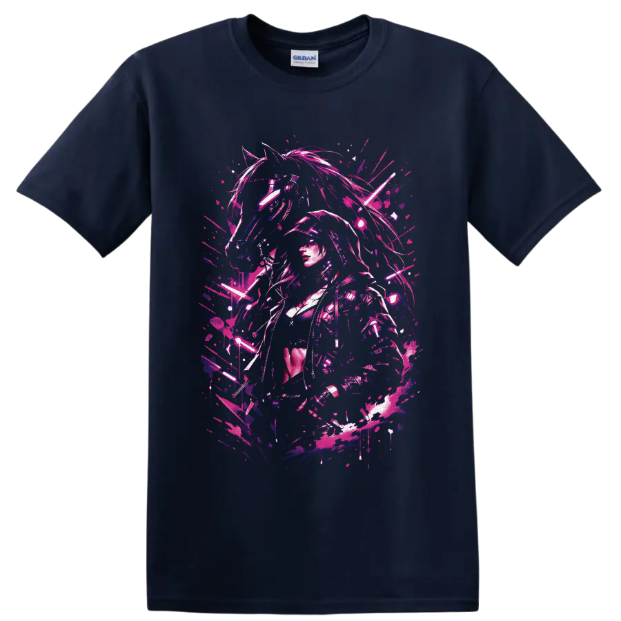 Cyberpunk female warrior and mechanical horse in neon pink and blue glitch art on a Navy (Blue) T Shirt