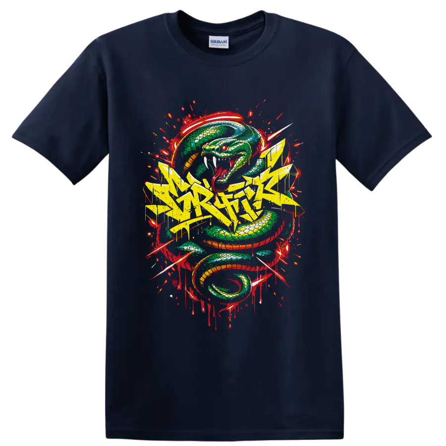 Fierce coiled green serpent with yellow graffiti lettering and red splatter street art on a Navy (Blue) T Shirt