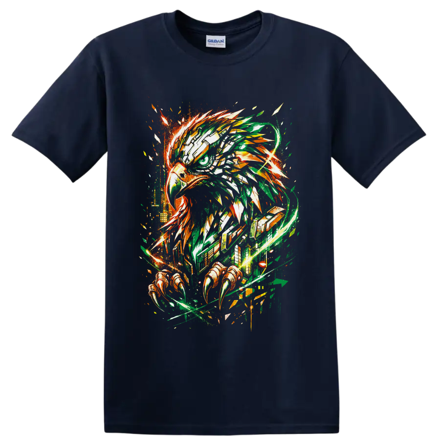 Abstract eagle head with talons in green and orange graffiti-style splatter art on a Navy (Blue) T Shirt