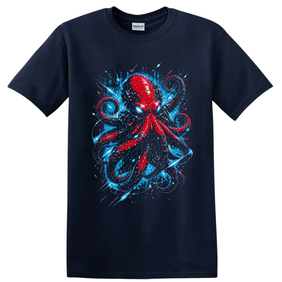 Red octopus with blue eyes in a graffiti-style ocean splash design on a Navy (Blue) T Shirt
