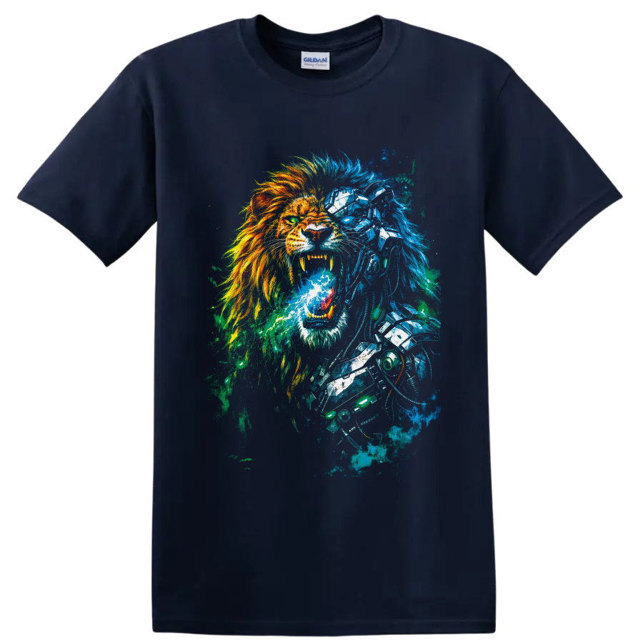 Roaring cyborg lion with fiery mane, blue robotic armor, and cyberpunk paint splatter on a Navy (Blue) T Shirt