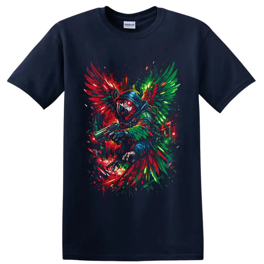 Hooded winged warrior in colorful fantasy graffiti art with paint splatters on a Navy (Blue) T Shirt