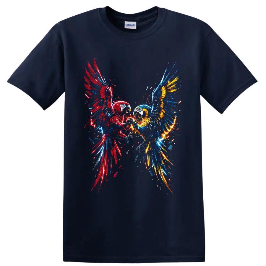 Two bald eagles with red, blue, and gold fire wings in explosive graffiti art on a Navy (Blue) T Shirt