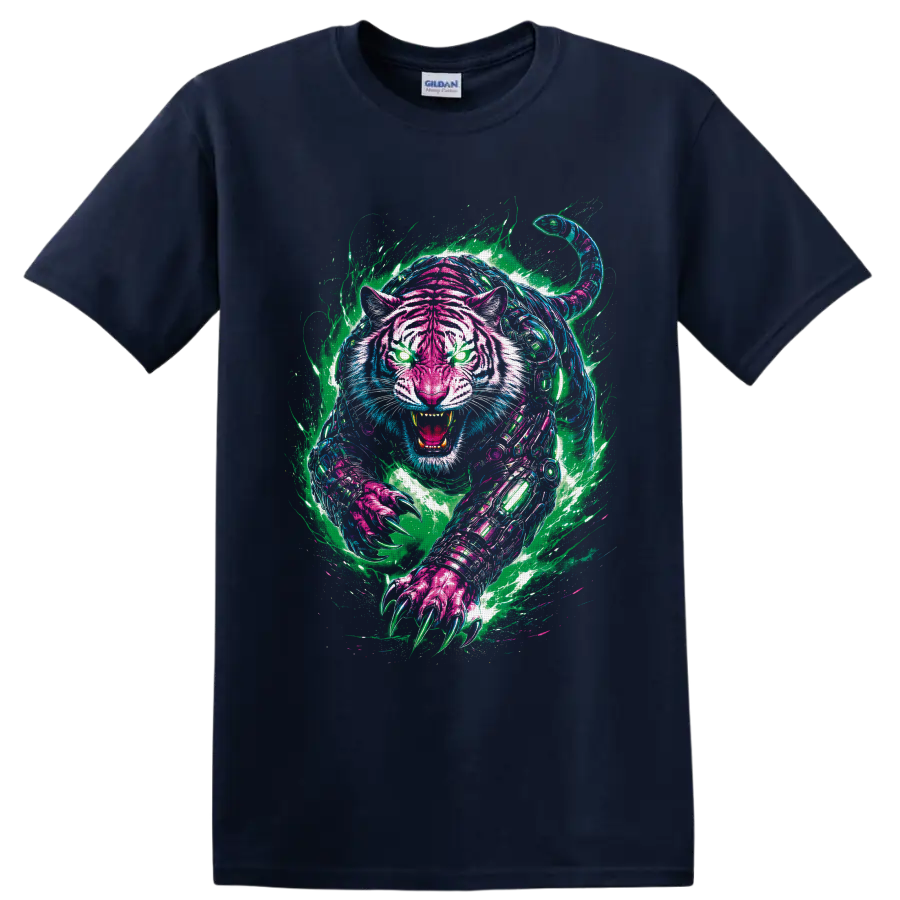 Neon graffiti-style cyberpunk robotic tiger roaring with glowing eyes and extended claws on a Navy (Blue) T Shirt