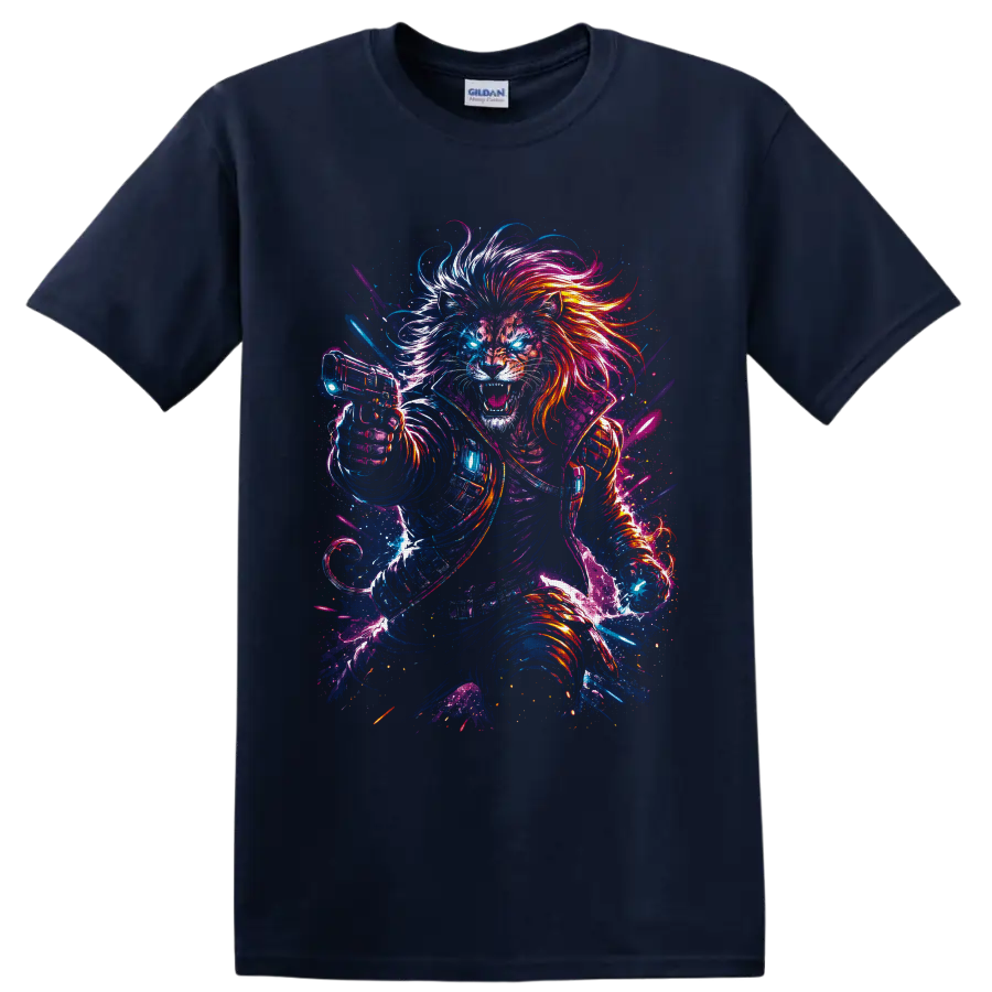 Roaring cyberpunk lion warrior with neon mane, armor, glowing eyes, and sci fi blaster on a Navy (Blue) T Shirt