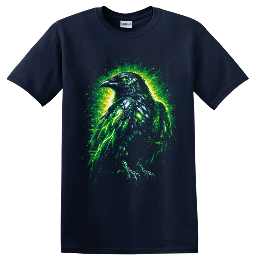 Gothic fantasy raven with glowing green eye, teal feathers, and electric lightning on a Navy (Blue) T Shirt