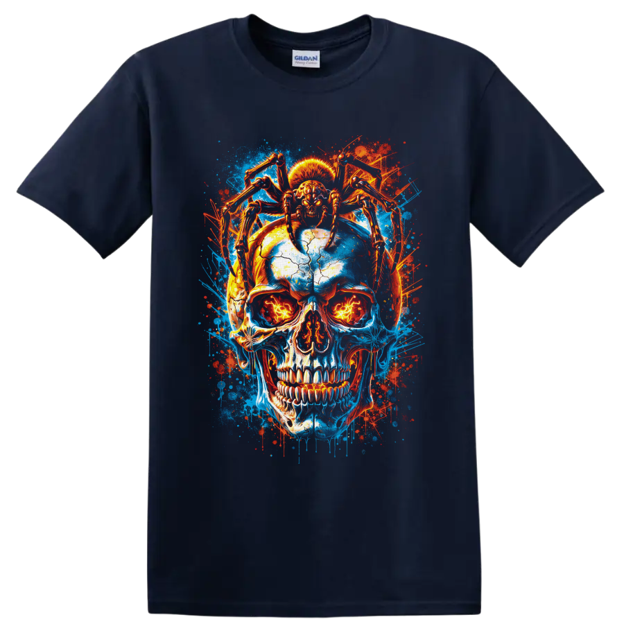 Neon blue and fiery red cracked skull with skeletal spider legs and glowing eyes on a Navy (Blue) T Shirt