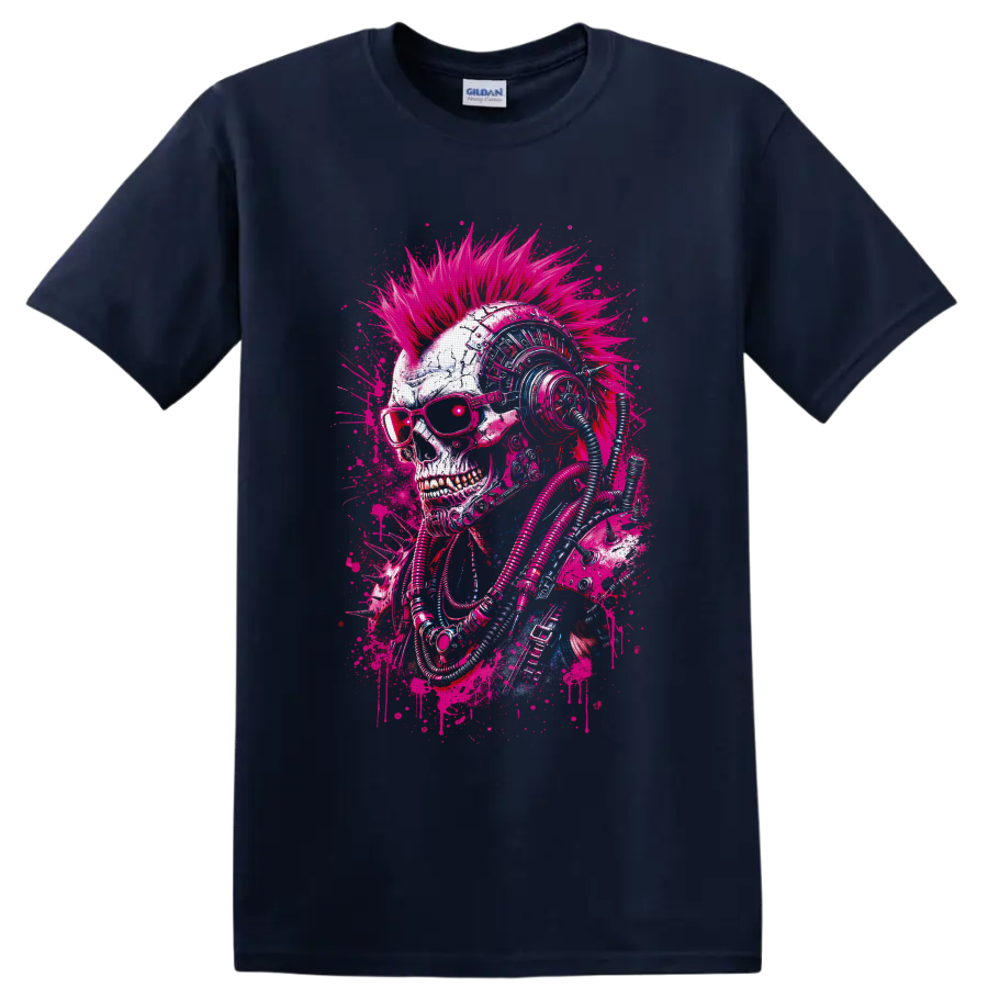 Cyberpunk skull with neon mohawk, sunglasses, futuristic headphones, and cables on a Navy (Blue) T Shirt