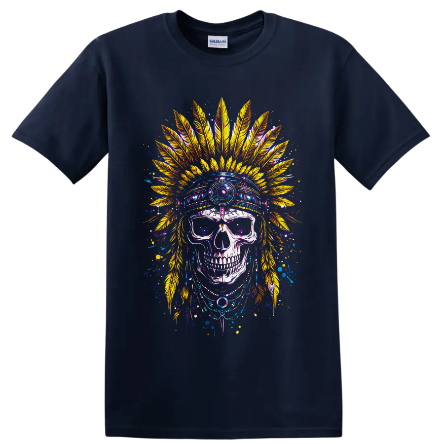 Colorful gothic skull illustration with ornate golden feather headdress and paint on a Navy (Blue) T Shirt