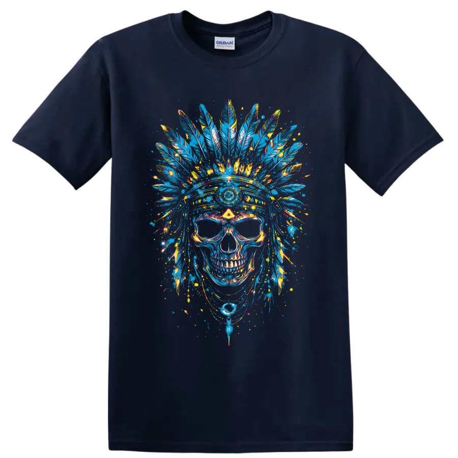Colorful skull with feather headdress in vivid graffiti splatter art on a Navy (Blue) T Shirt