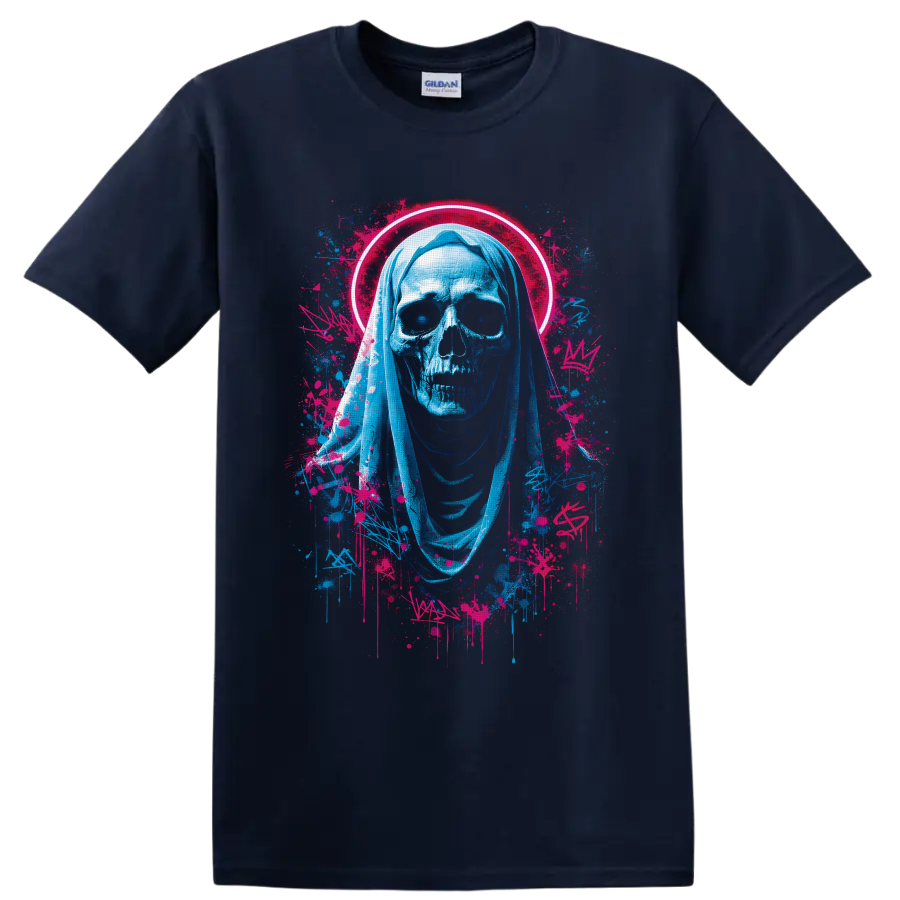 Neon blue hooded Grim Reaper skull with hot-pink halo and graffiti paint splatters on a Navy (Blue) T Shirt