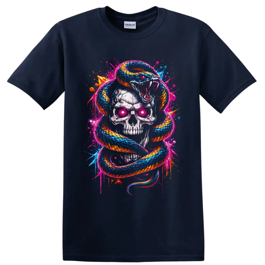 Neon graffiti-style skull with glowing pink eyes wrapped in a blue and orange snake on a Navy (Blue) T Shirt