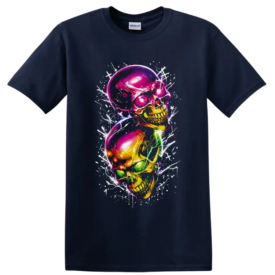 Two stacked neon skulls in glossy gothic graffiti art with white scratch and splatter on a Navy (Blue) T Shirt