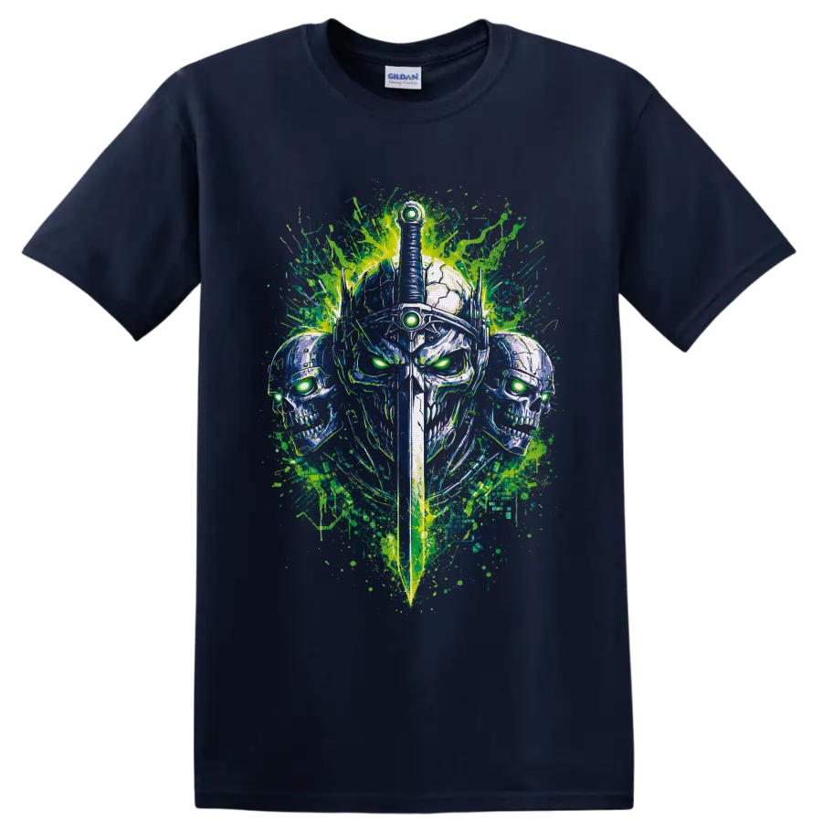 Cyberpunk armored skull warrior with sword, glowing green eyes, and paint splatters on a Navy (Blue) T Shirt