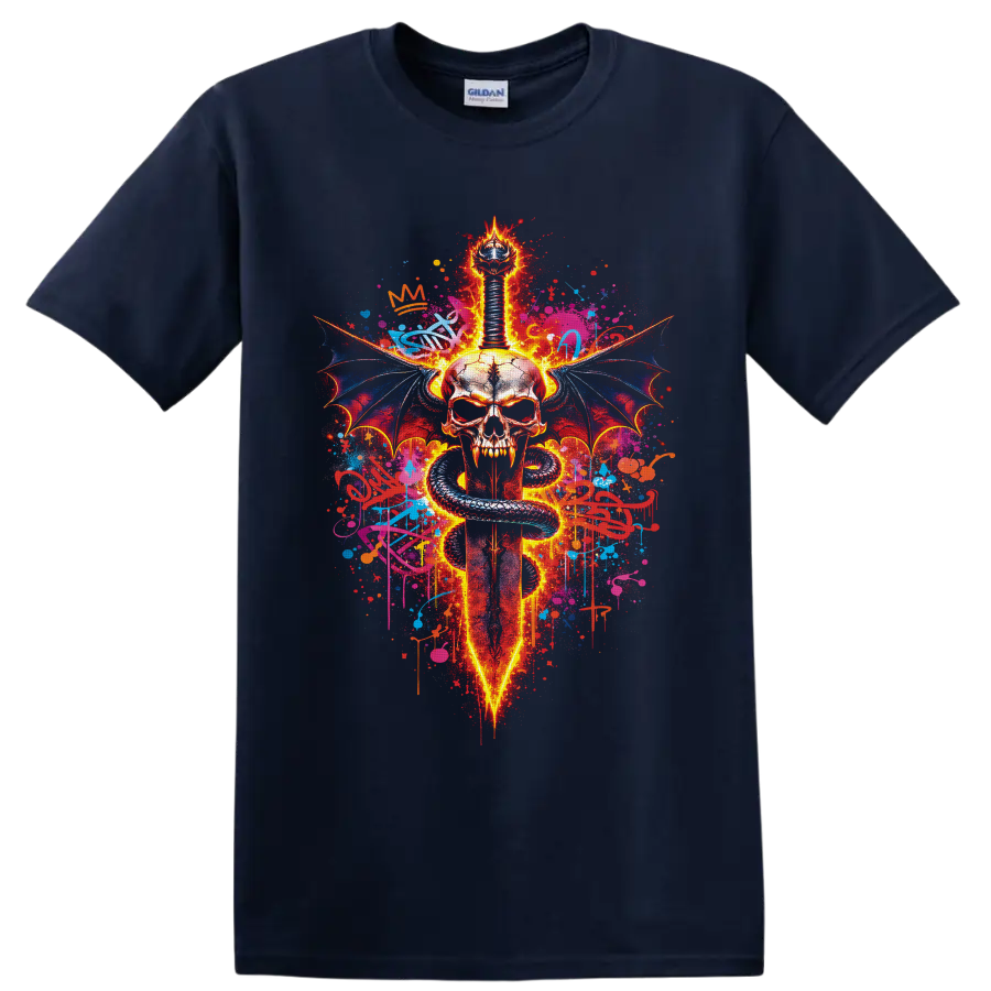 Fiery gothic skull with sword, coiled serpent, bat wings, and graffiti splatters on a Navy (Blue) T Shirt