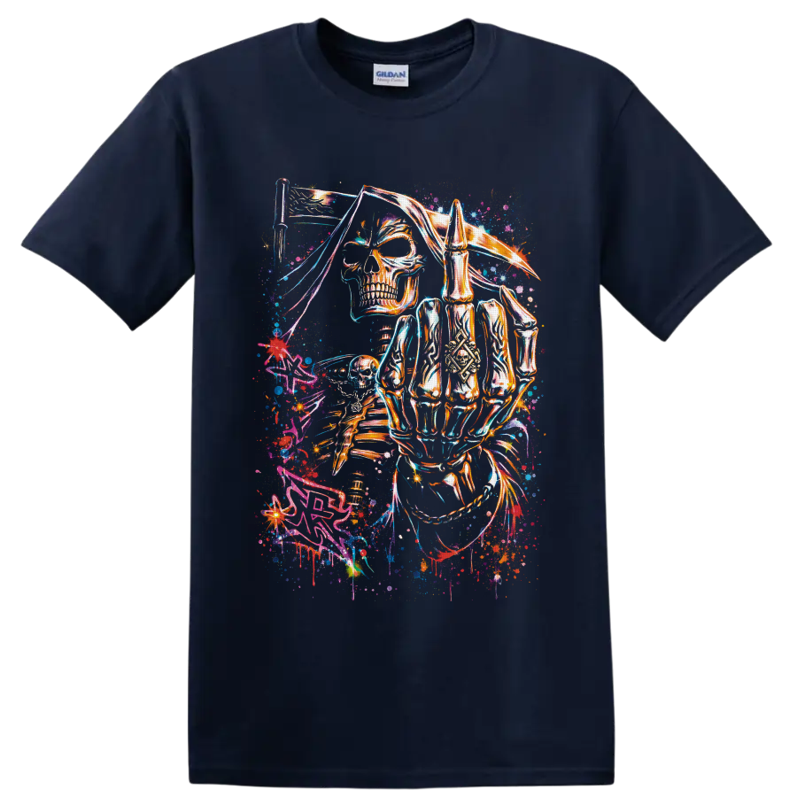 Neon grim reaper skeleton with scythe in cosmic graffiti art on a Navy (Blue) T Shirt