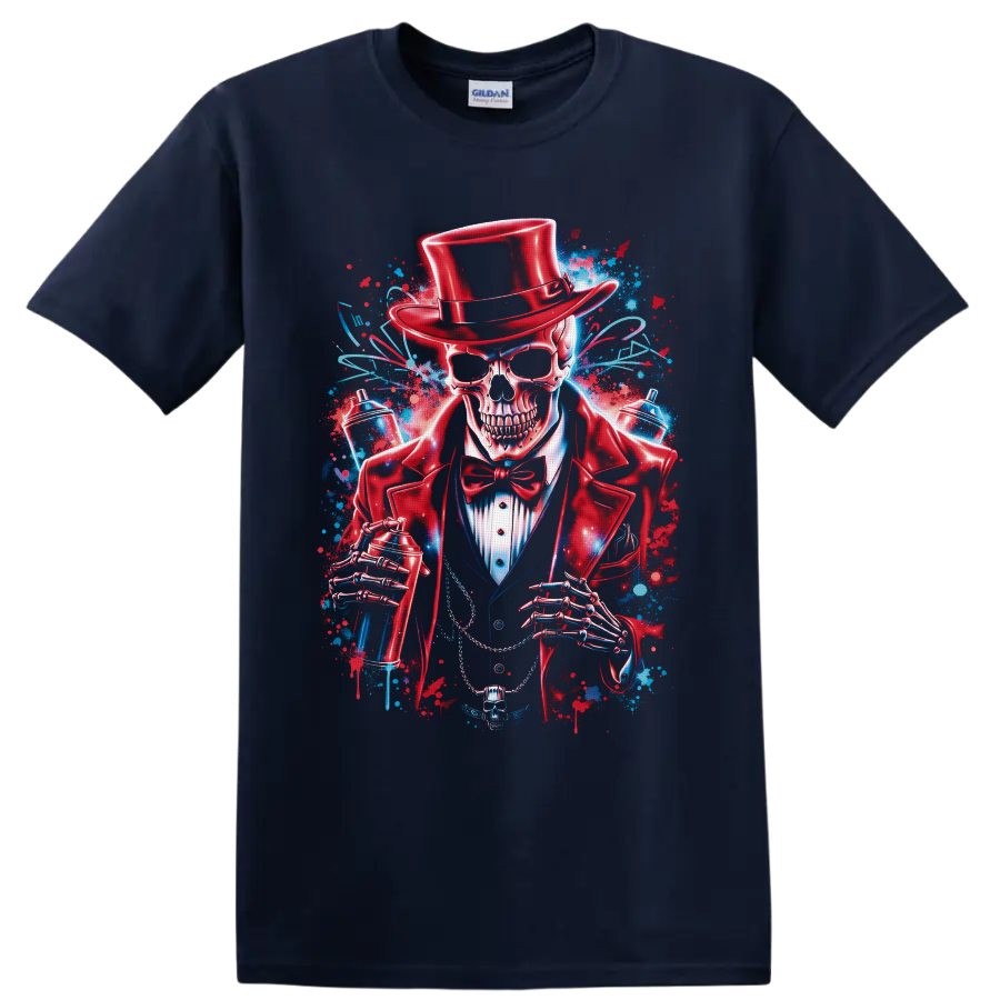 Top-hatted skeleton gentleman with spray cans in vivid red and blue graffiti art on a Navy (Blue) T Shirt