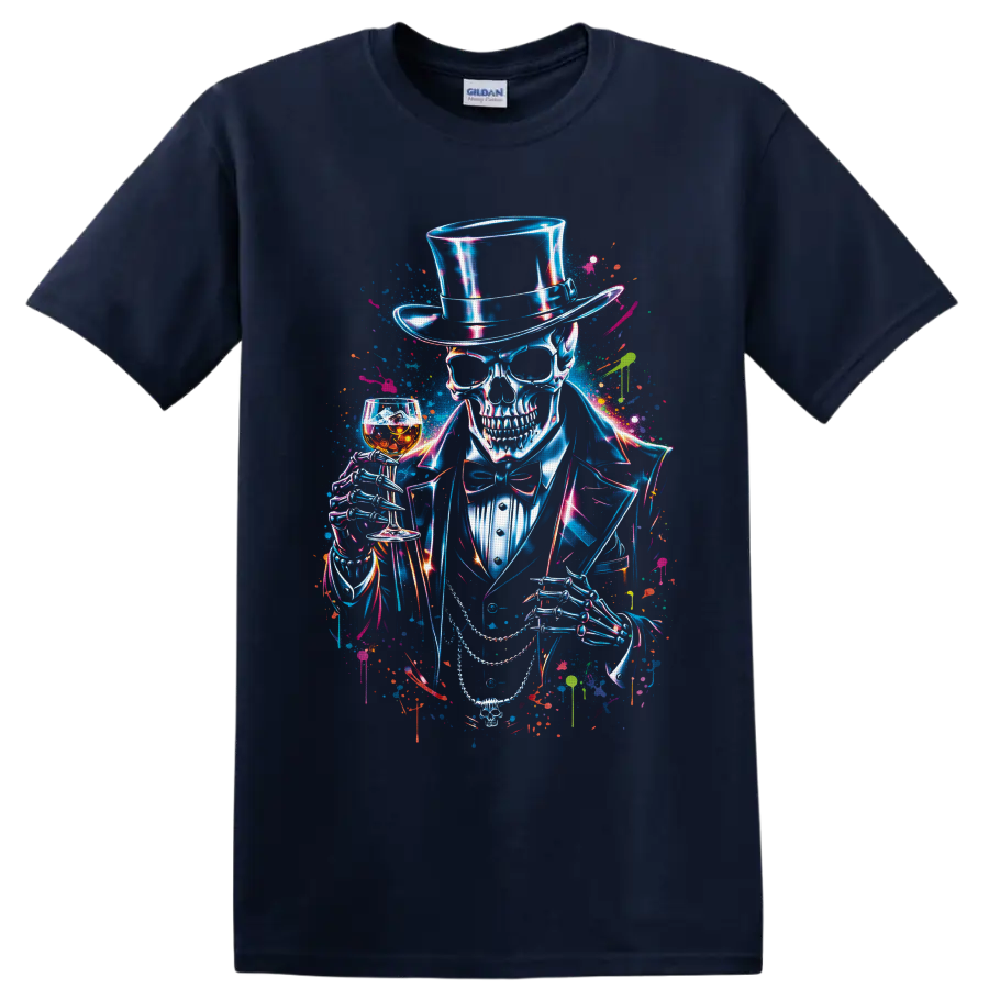 Neon gothic skeleton in top hat holding whiskey glass and cane splatter art on a Navy (Blue) T Shirt