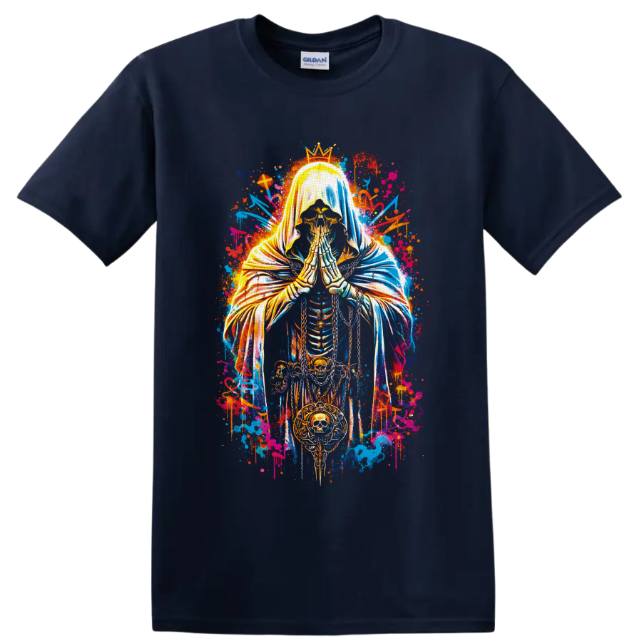 Crowned praying skeleton with skull medallion in neon gothic graffiti art on a Navy (Blue) T Shirt