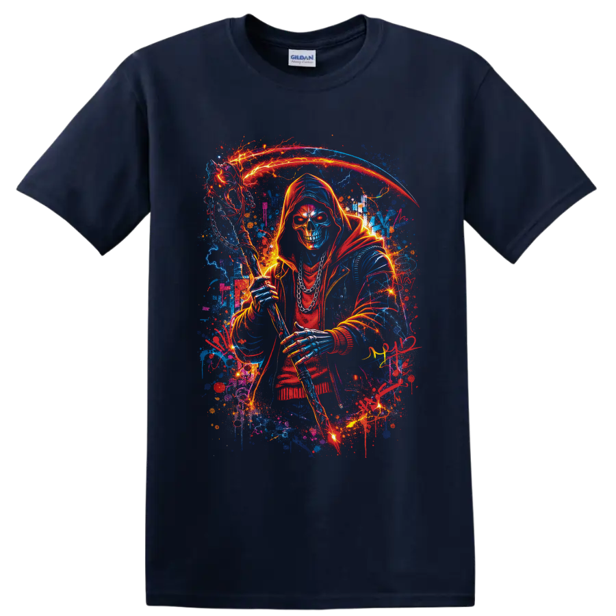 Neon hooded Grim Reaper skull holding a glowing scythe amid lightning and paint splatters on a Navy (Blue) T Shirt