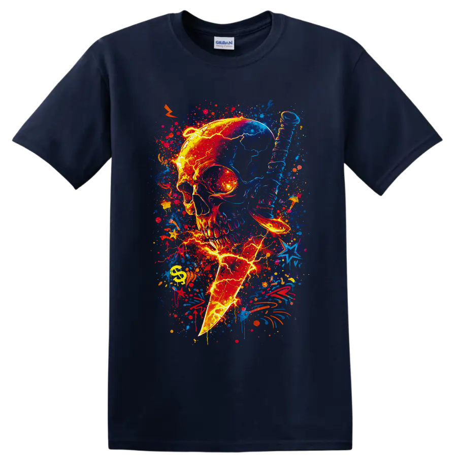 Neon skull pierced by lightning bolt with vibrant graffiti splatters and stars on a Navy (Blue) T Shirt
