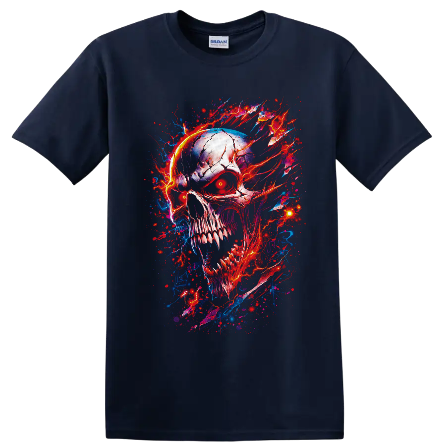 Cracked horror skull with glowing red eyes and red-blue lightning splatter art on a Navy (Blue) T Shirt