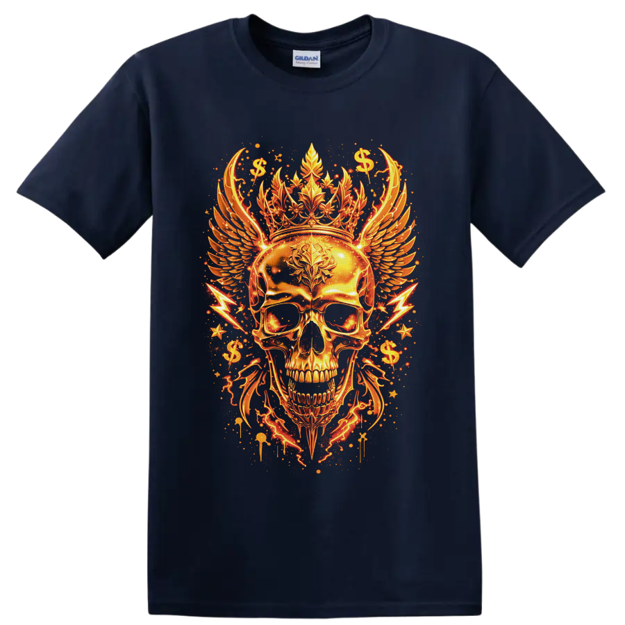 Golden crowned skull with feathered wings, dollar signs, stars, and lightning on a Navy (Blue) T Shirt