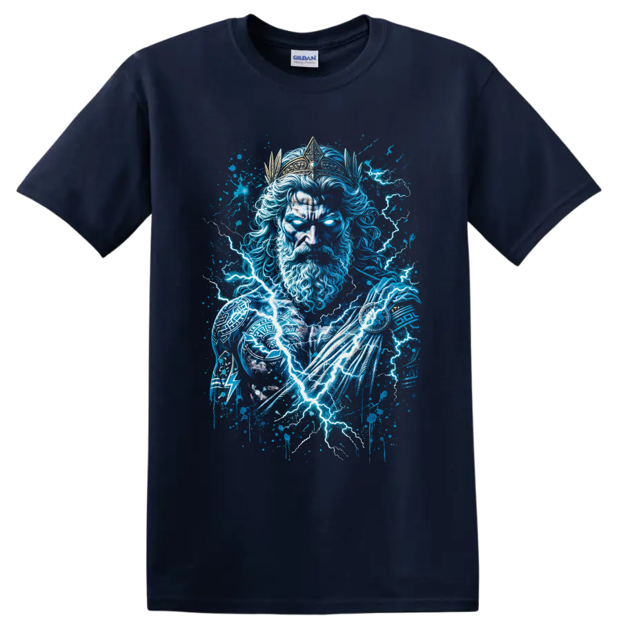 Zeus-inspired crowned lightning god in electric blue storm graffiti art on a Navy (Blue) T Shirt