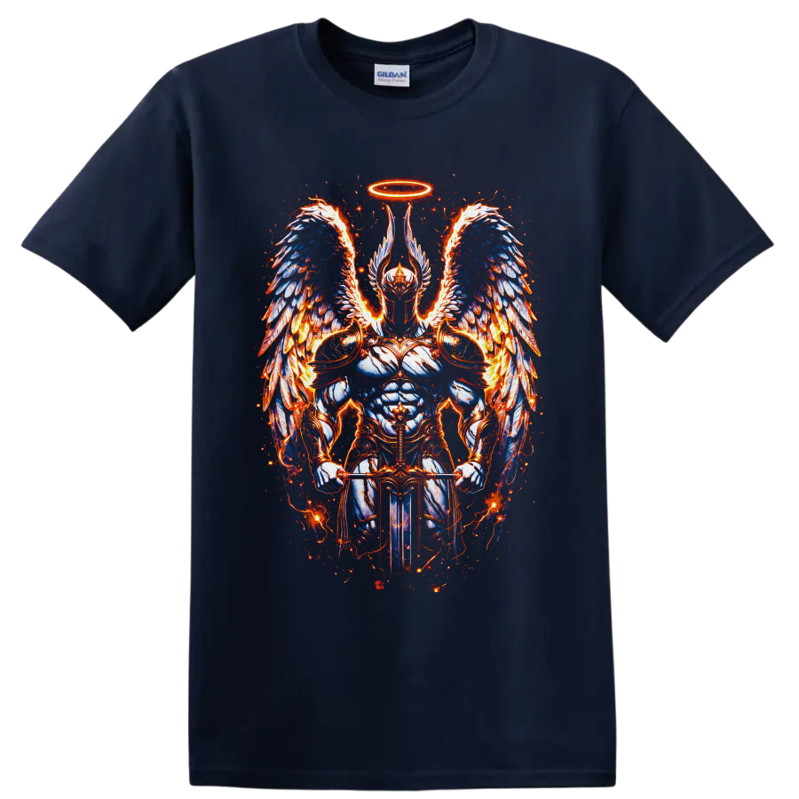 Armored angelic warrior with halo, fiery blue feathered wings, and sword fantasy art on a Navy (Blue) T Shirt