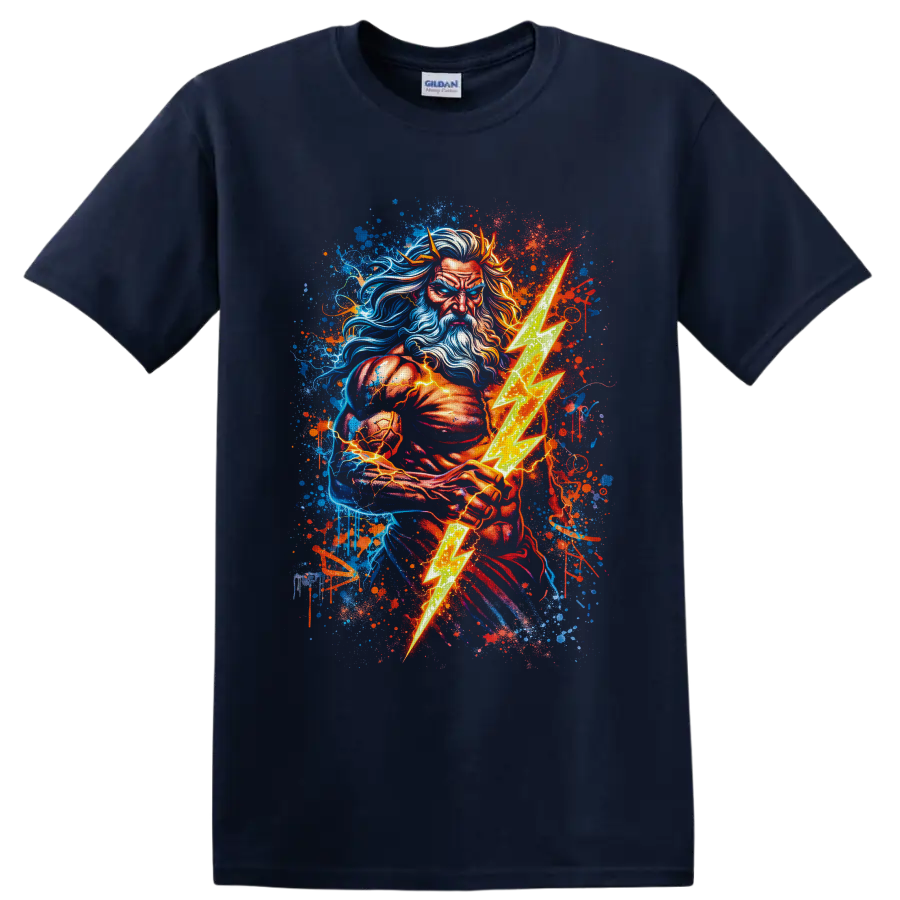 Bearded thunder god warrior holding a glowing lightning bolt in vibrant graffiti art on a Navy (Blue) T Shirt