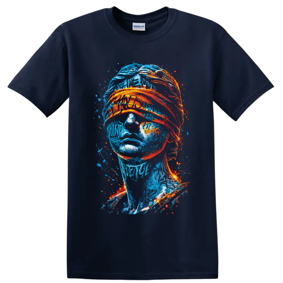 Abstract blue portrait with fiery orange wrapped fabric and neon graffiti splatters on a Navy (Blue) T Shirt
