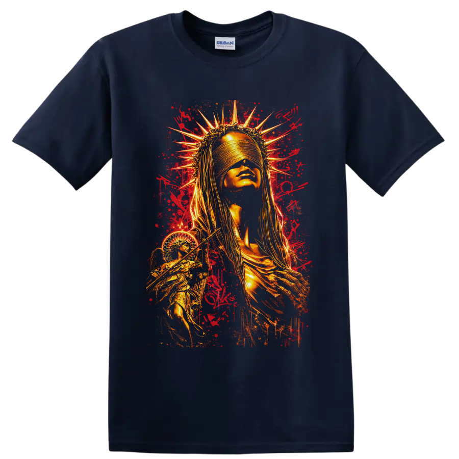 Golden blindfolded crowned woman with graffiti splatters and winged liberty-inspired on a Navy (Blue) T Shirt