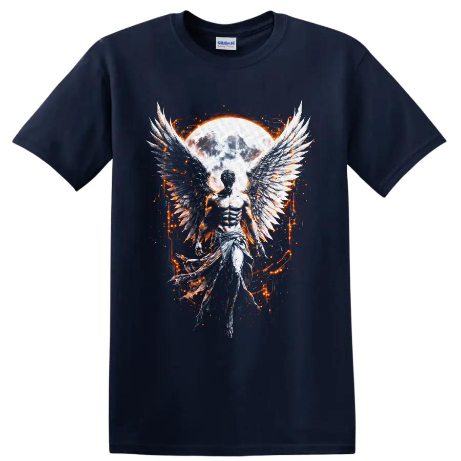 Fallen angel with feathered wings before a glowing moon in gothic fantasy art on a Navy (Blue) T Shirt