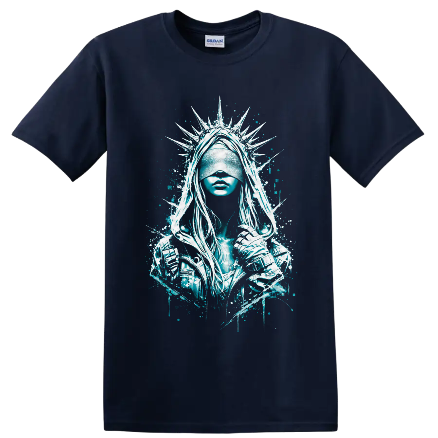 Blindfolded crowned warrior woman in teal gothic splatter art with spiked halo on a Navy (Blue) T Shirt