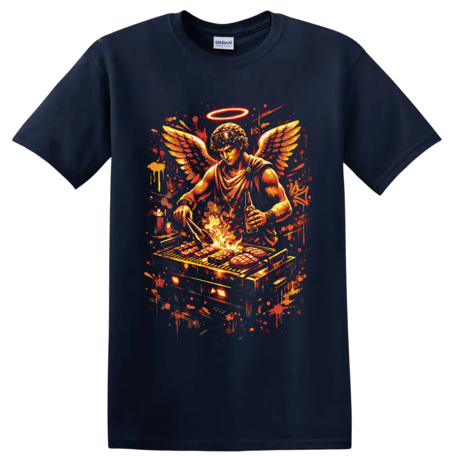 Fiery winged angel chef grilling over flames with halo, sunglasses, and paint splatters on a Navy (Blue) T Shirt