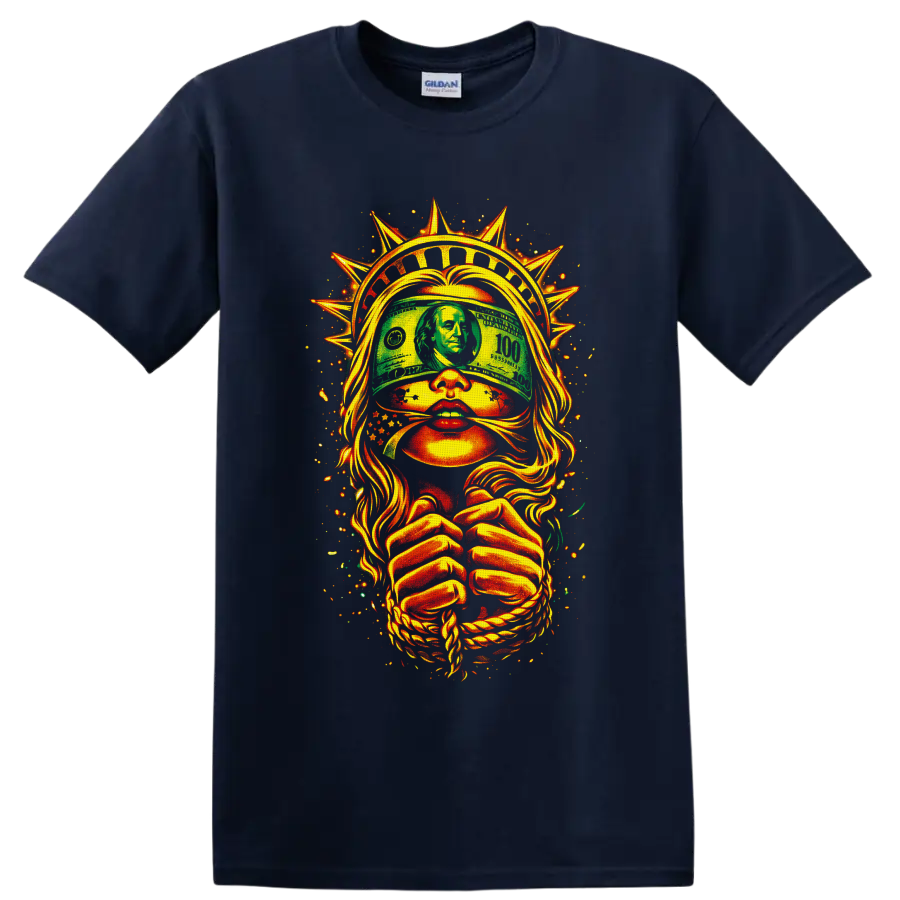 Blindfolded liberty lady with dollar bill, spiked crown, rope, and fiery street art on a Navy (Blue) T Shirt