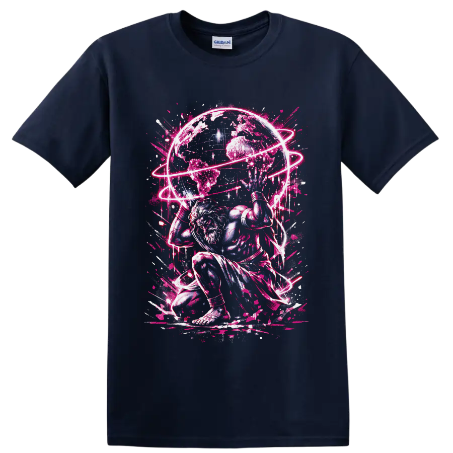 White-haired cosmic warrior beneath a globe with neon-pink orbital rings on a Navy (Blue) T Shirt