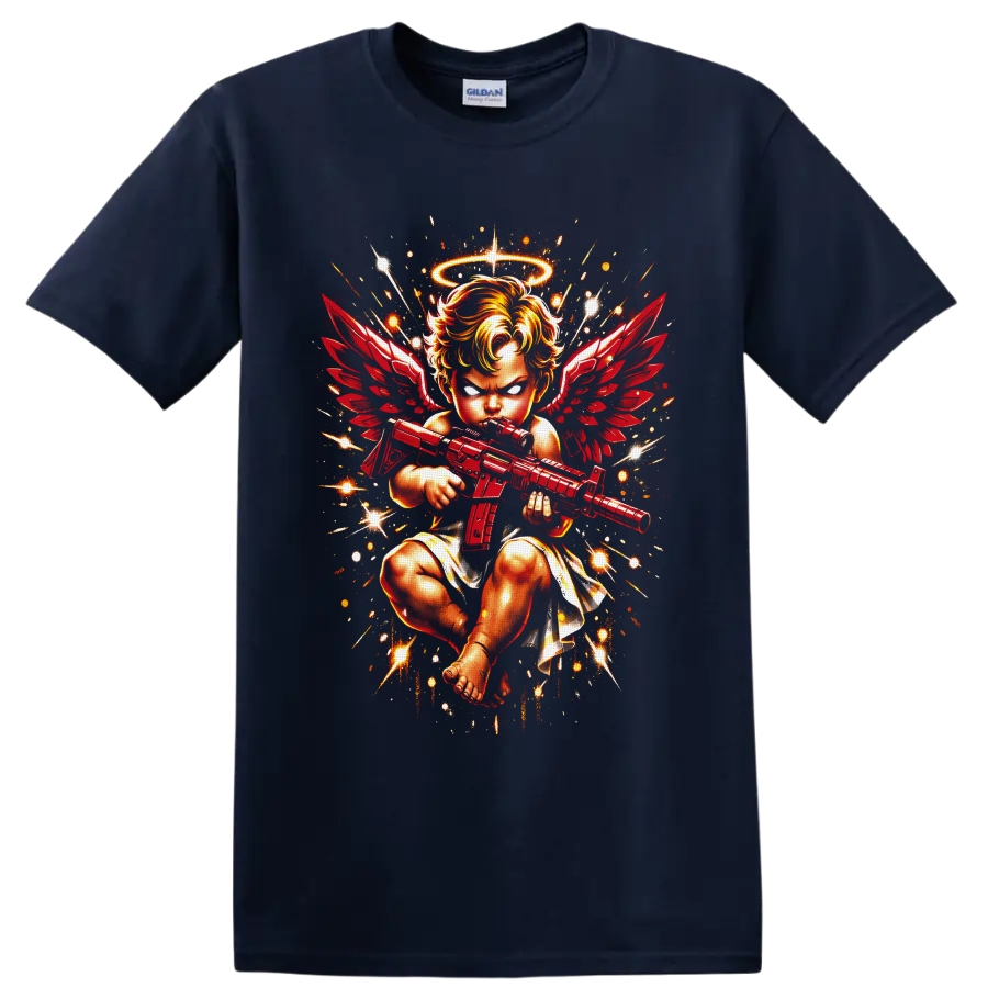 Fierce haloed angel baby with red wings holding a rifle in fiery fantasy art on a Navy (Blue) T Shirt