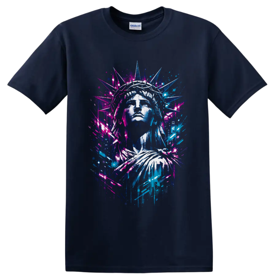 Statue of Liberty portrait in neon graffiti street-art style with urban splatter accents on a Navy (Blue) T Shirt