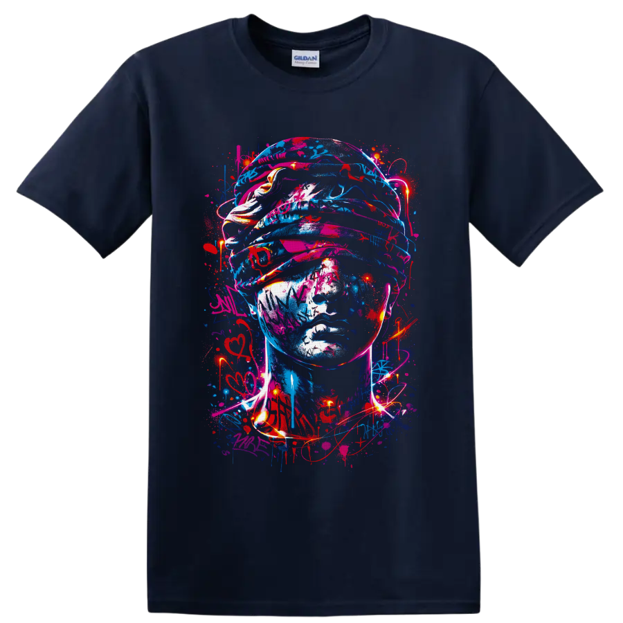Neon graffiti-style soldier helmet portrait with paint splatters and glowing light trails on a Navy (Blue) T Shirt