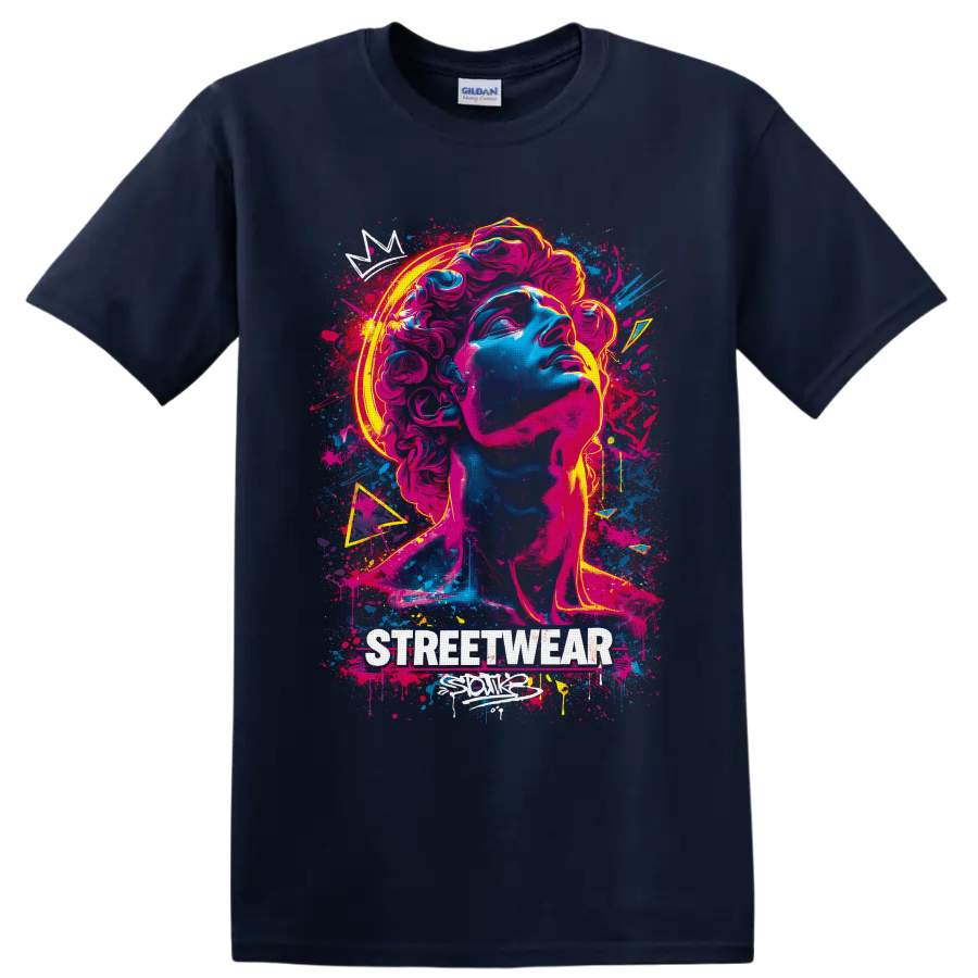 Neon graffiti classical statue bust with paint splashes and STREETWEAR text on a Navy (Blue) T Shirt
