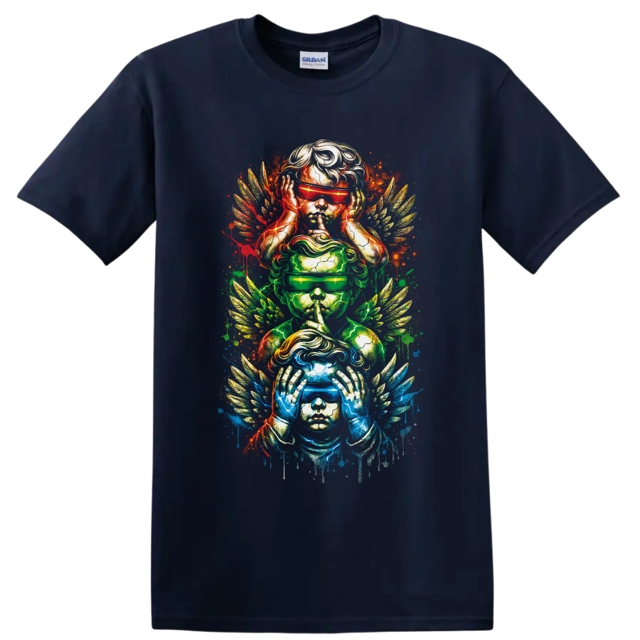 Three winged figures portraying hear, speak, and see no evil in neon splatter art on a Navy (Blue) T Shirt