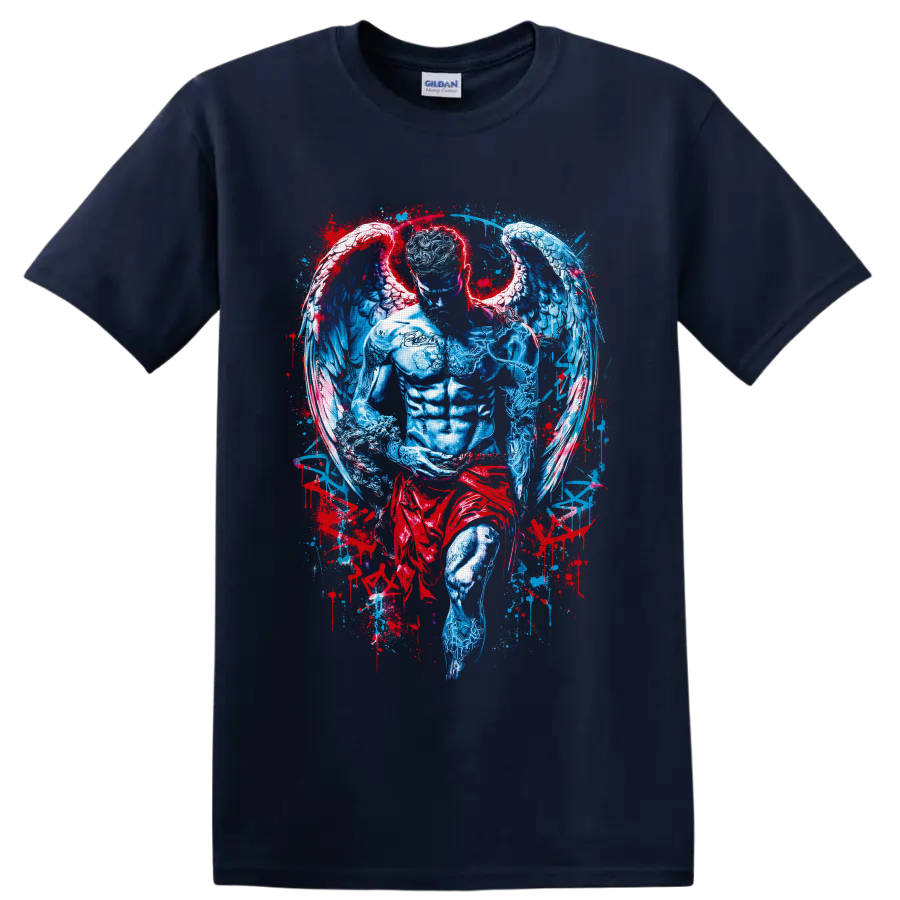 Winged angel warrior in blue and crimson gothic fantasy splatter illustration on a Navy (Blue) T Shirt