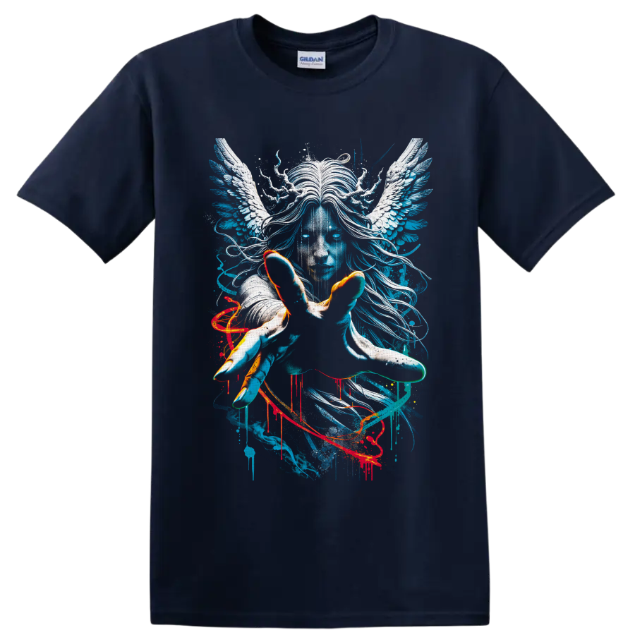 Surreal blue winged portrait with white angel wings, flowing hair, and paint splatter on a Navy (Blue) T Shirt