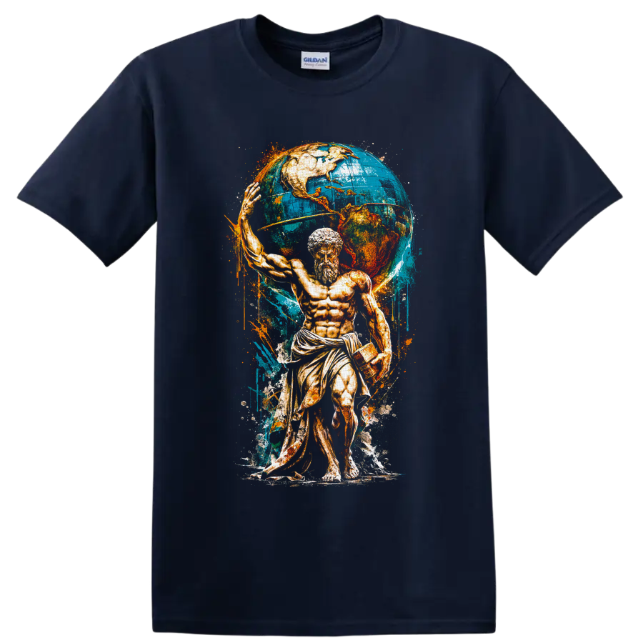 Atlas-inspired classical Titan with a blue world globe in distressed vintage paint art on a Navy (Blue) T Shirt